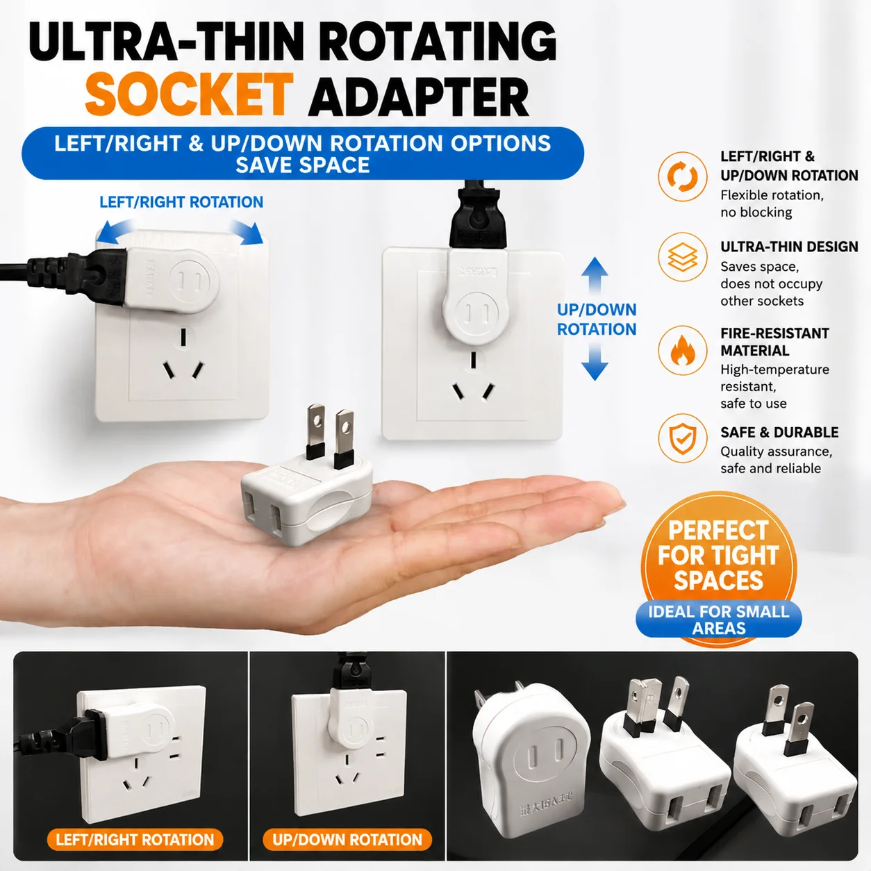 Corner Socket Ultra-Thin 90-Degree Angle Plug Flat Plug Wall-Mounted Ultra-Flat Thin Socket Extension Plug Rubber Coated Prongs