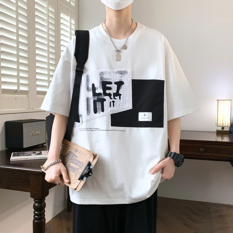 

Loose Fit Ice Silk round Ne ort Sve T-irt for Men Summer Faionable Youthful Geometric Pattern Anti-Wrinkle Cotton ...