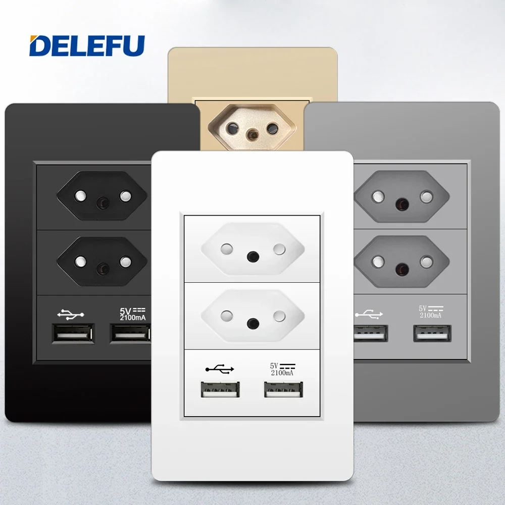 DELEFU Fireproof PC panel wall socket switch, Fast charging, USB, Brazilian standard socket, white, grey, black, Gold 10A, 20A,