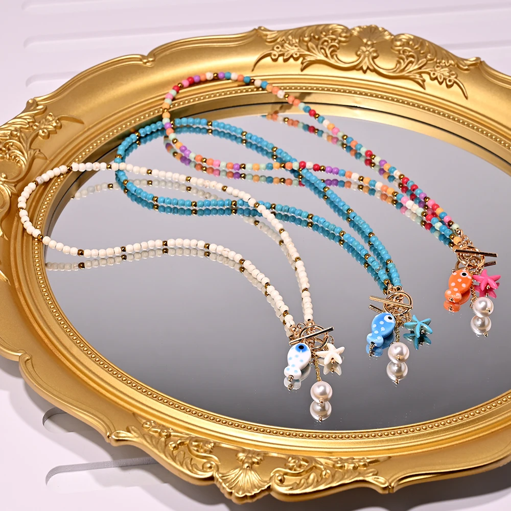 Sea-inspired Charming Pendant Necklace with 4mm Artificial Turquoise Chain Ceramic Fish & Faux Pearl Starfish Charms Jewelry