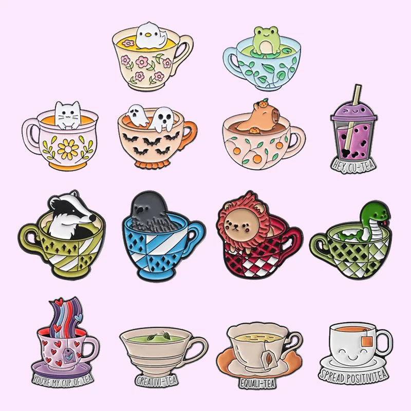 New Creative Teacup Animal Series Brooch Cartoon Beverage Coffee Milk Tea Metal Accessories Badge