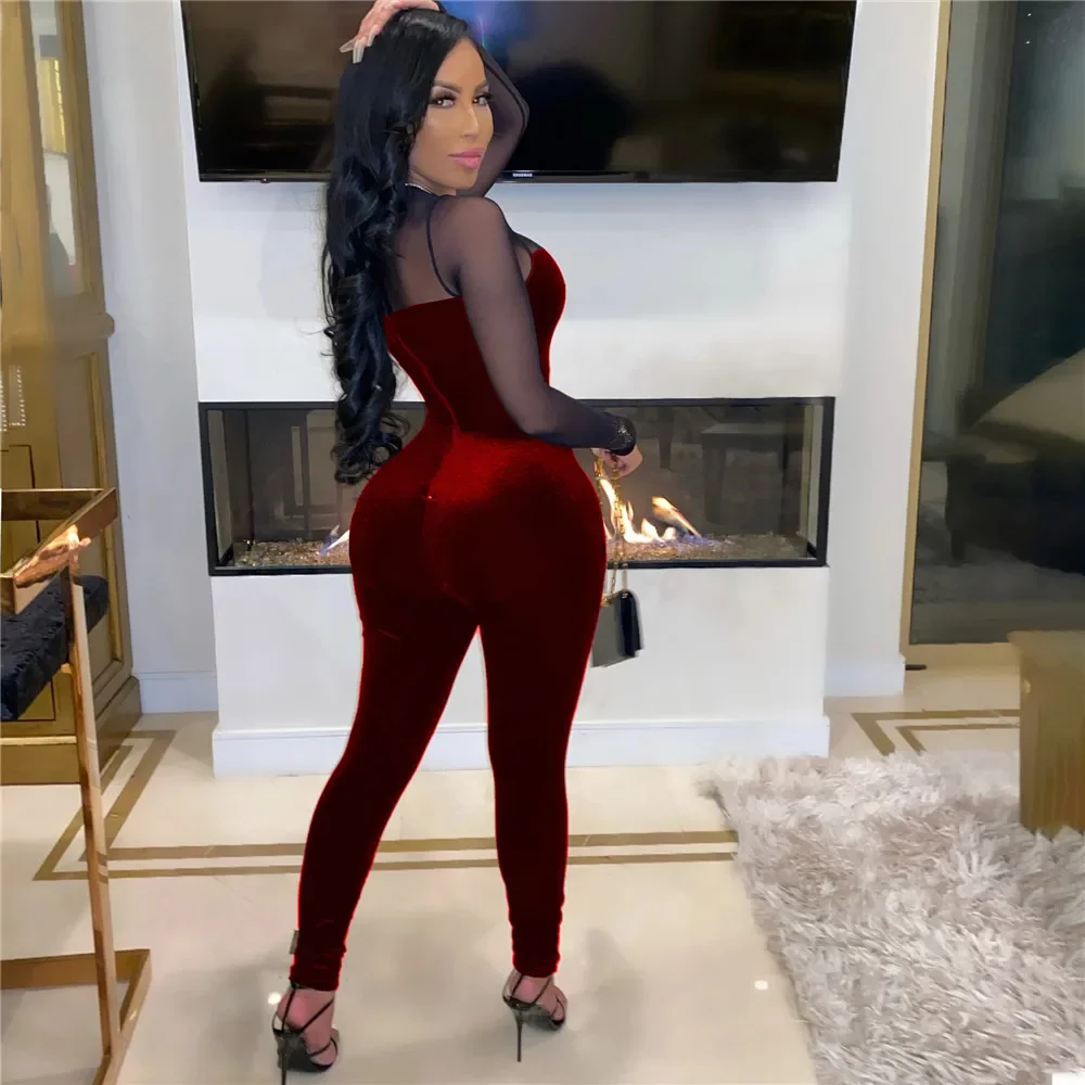 مثير بقماش شفاف المرقعة المخملية بذلة المرأة طويلة الأكمام نحيل ثوب فضفاض للمرأة بذلة أنيقة سليم Bodycon وزرة الحفلات