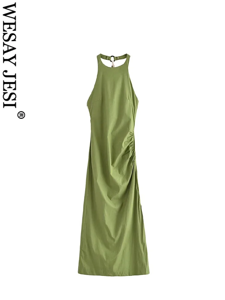 WESAY JESI TRAF Women Summer Fashion Sheath Dresses Green O-Neck Backless Sleeveless Button Zipper Female Sexy Long Dress