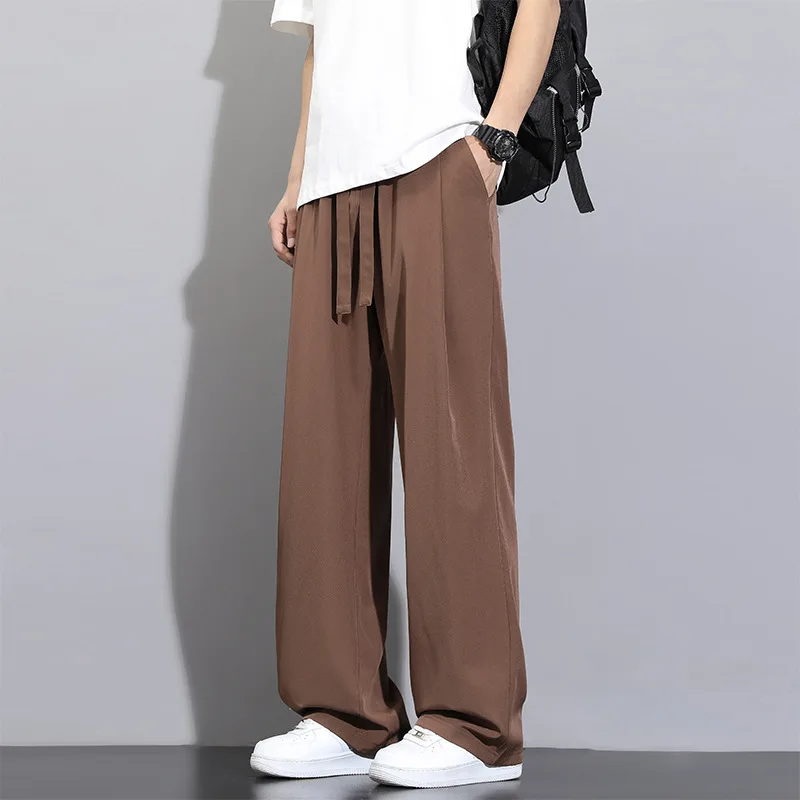 

Summer 2025 New Fashion Men's Casual Trendy Solid Color Drawstring Wide Leg Straight Ice Silk Trousers Male Simple Basic Pants