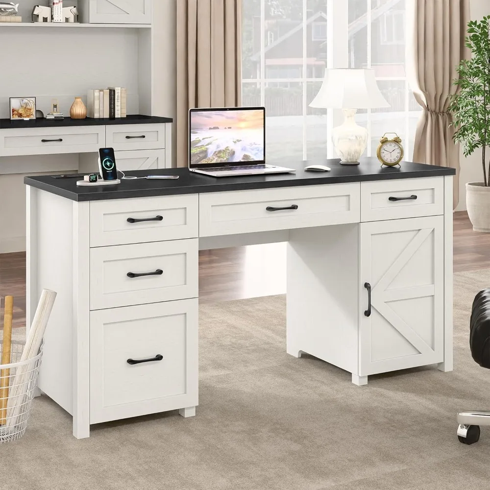 

Farmhouse 61'' Executive Desk with 5 Drawers, Rustic Office Desk Computer Desk with Charging Station, File Drawers and Storage