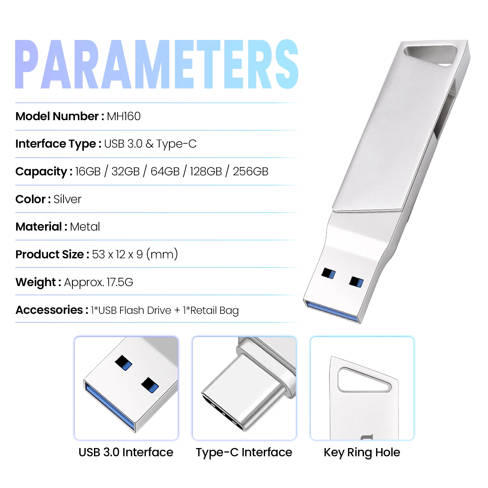محرك فلاش USB 3.0 معدني جديد قابل للدوران من النوع C سعة 32 جيجابايت للكمبيوتر والهاتف بتصميم دوار ثنائي الاستخدام ومحركات أقلام تخزين البيانات المتينة ﻿