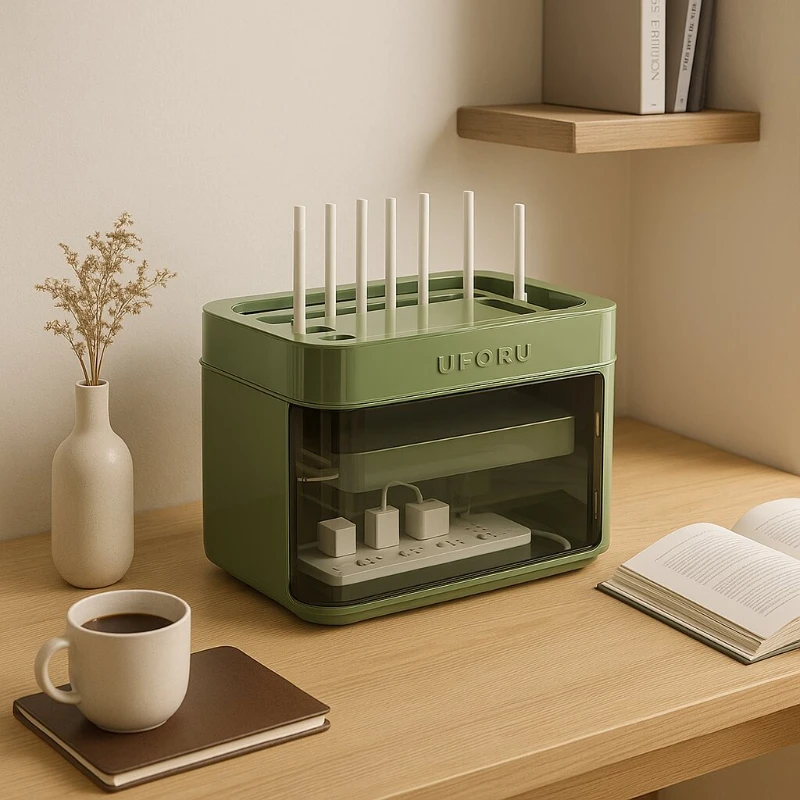 

WiFi Router Storage Box, Home Socket & Modem Organizer, TV Set-Top Box Shelf, Visible Flip-Lid Desktop Cable Management Box