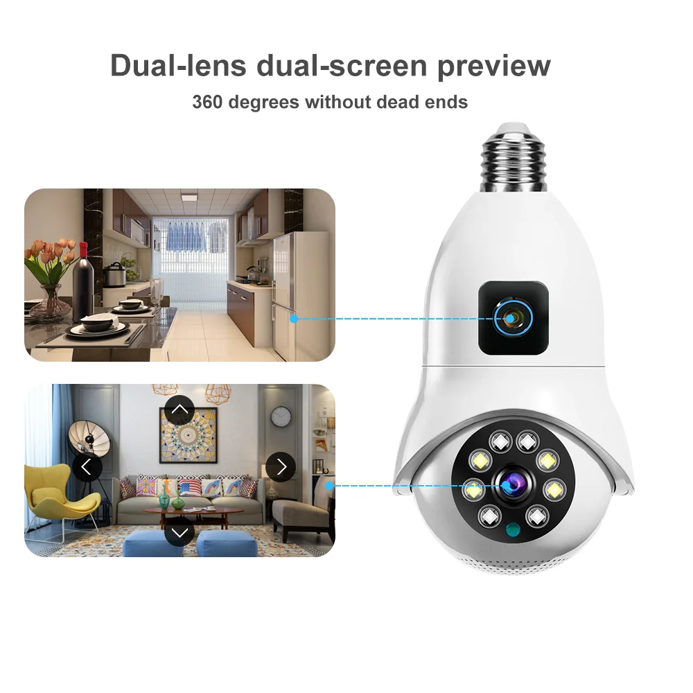 CCTV Dual lens Bulb PTZ Camera HD 4MP Color Day Night 2Way Audio Video E27 Lamp Holder Surveillance Wireless WiFi IP Camera V380