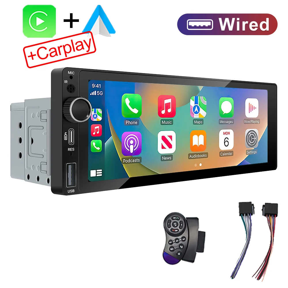IPS 6,9 inch 1Din Draadloos of bedraad Carplay Android Auto Autoradio Multimedia MP5-speler 1 Din DVD Bluetooth Stereo USB Opladen