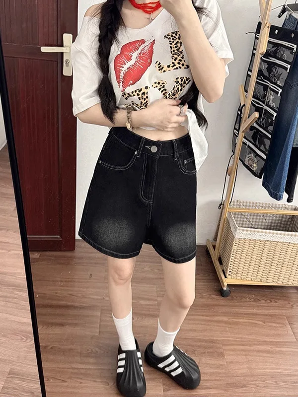 

Женские летние новые джинсовые шорты Bla Elastic Denim с высокой талией, широкими штанинами и А-образным силуэтом, для фигуры типа «груша», повседневные, с эффектом похудения