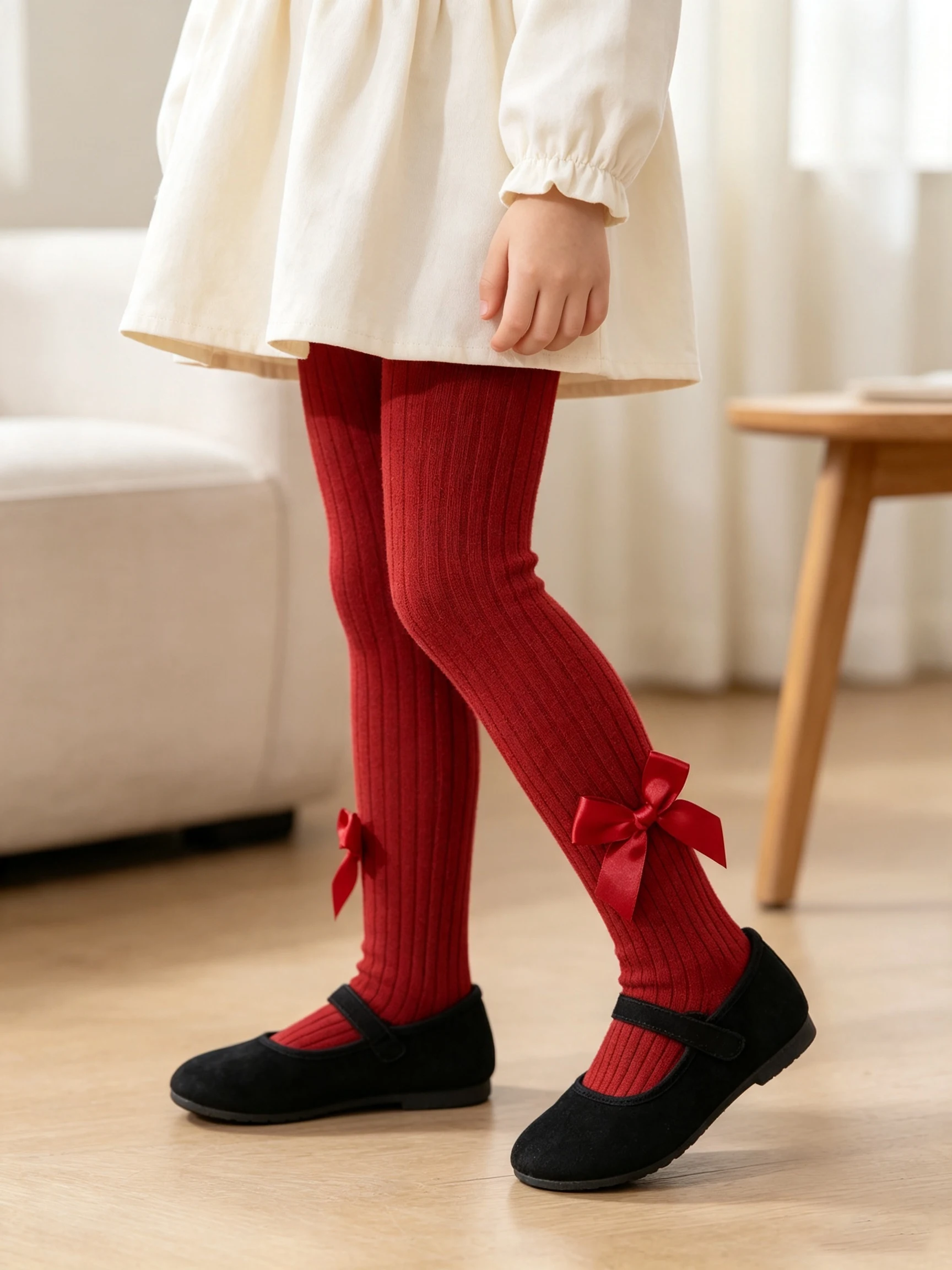 3Pack Toddler Baby Girls Vertical Rib Tights Glossy Satin Bow Soft Elastic Solid Pantyhose All Season Daily Outfit Leggings 0-2Y view 4