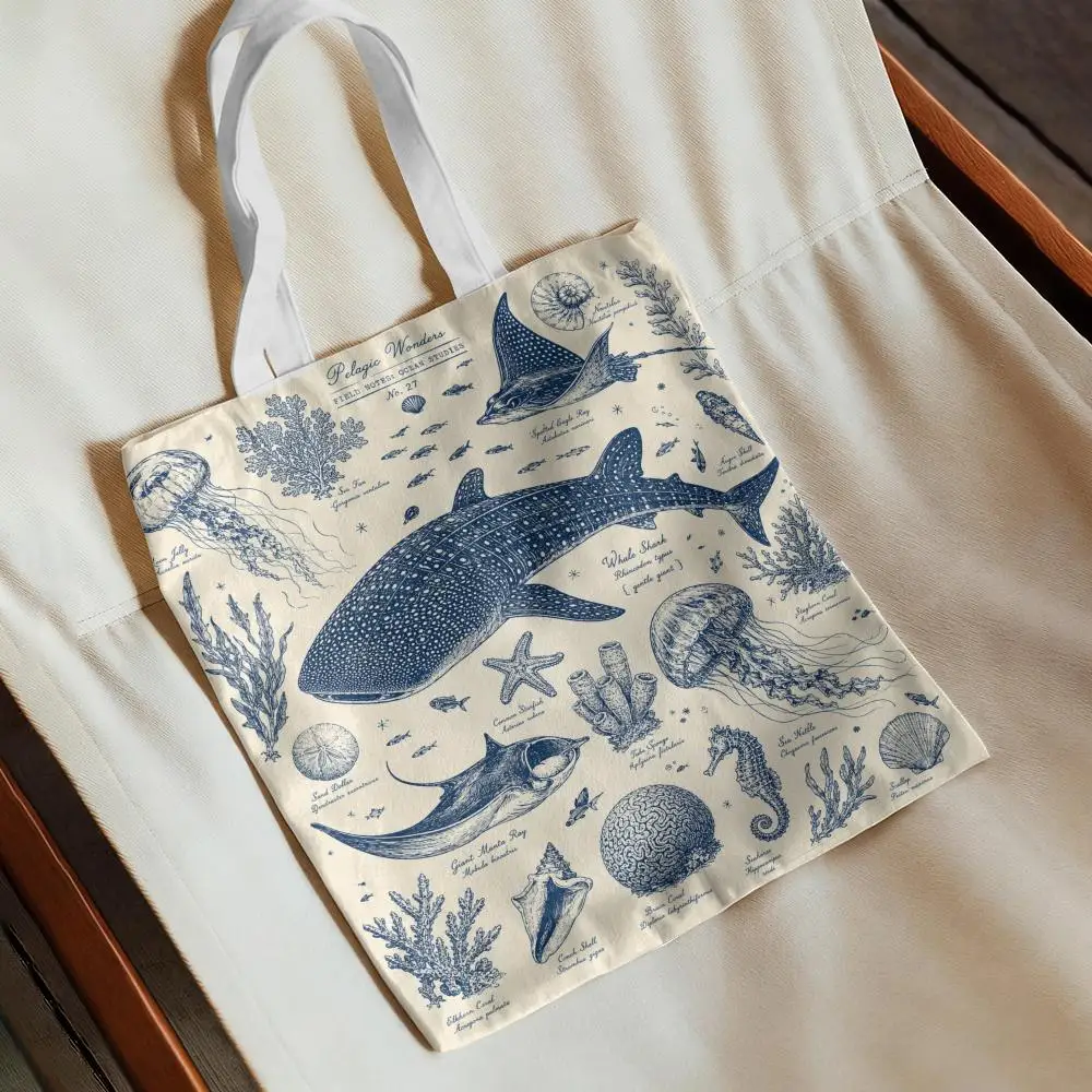 Retro marine creature print Storage Bags Canvas Beach Bag Large Capacity Durable Shoulder Handbag Daily Shopping Travel Bag