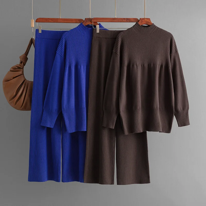 Autumn Winter Korea Knit Sets Women Loose Split Top High Waist Wide Legs Long Pants Newest Chic Knitting Sweater 2PC Suits B842
