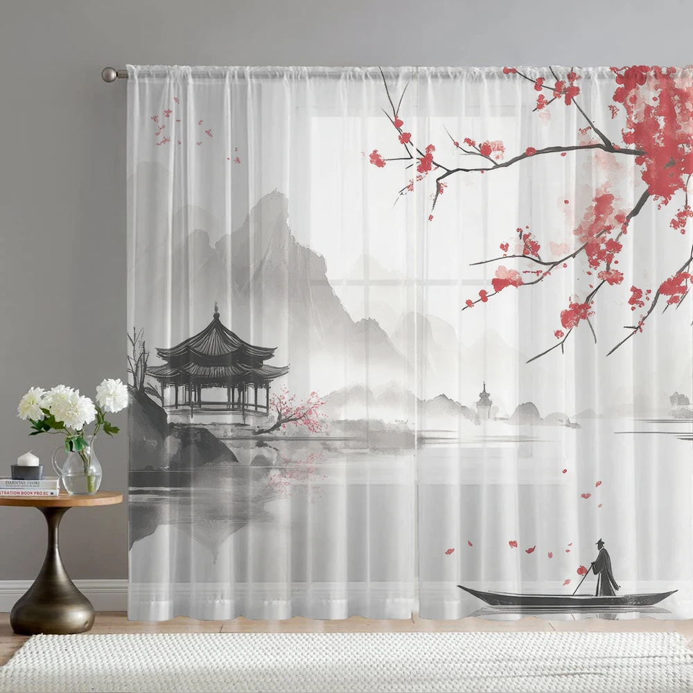 2Pcs Floral Branches And Pavilion Landscape Print Home Decoration Window Screens Suitable For Coffee Shops,  Bedrooms