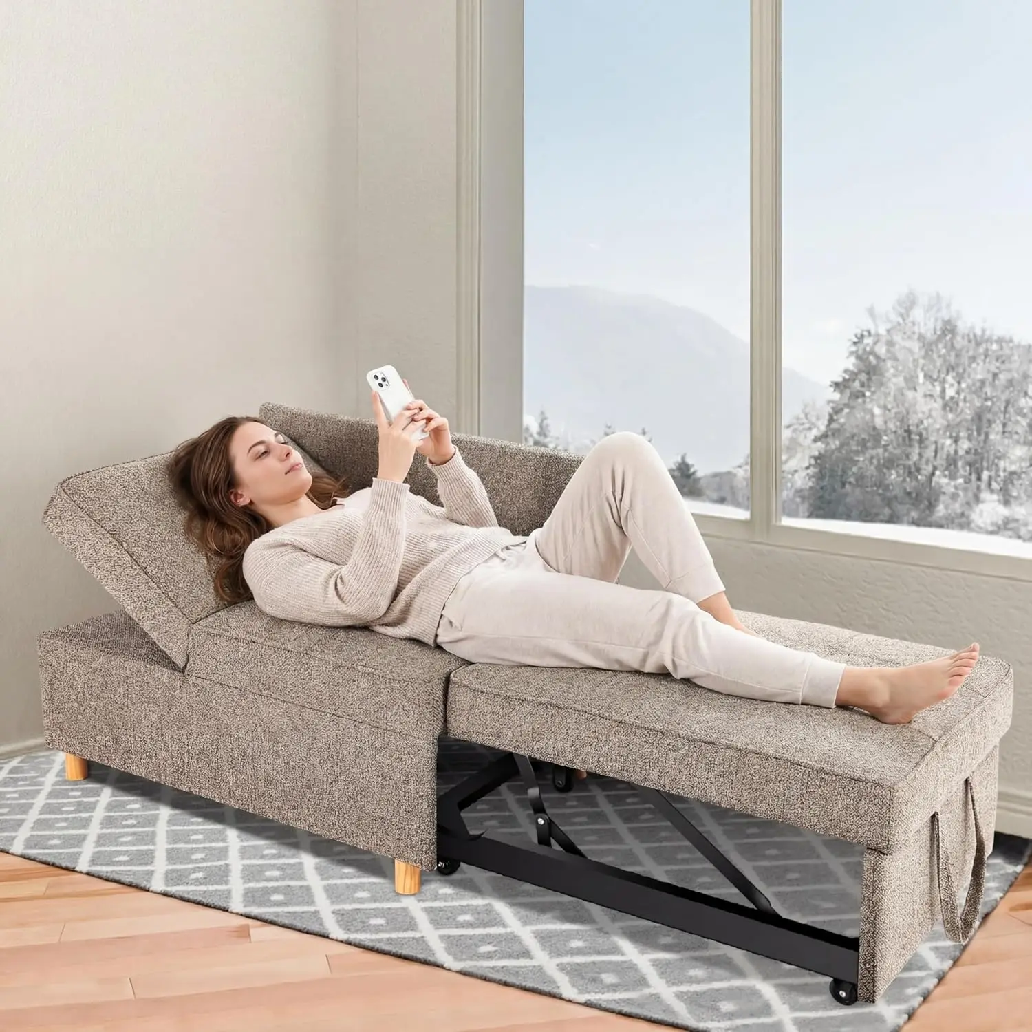 4-in-1 Convertible Sofa Bed, Multi-Function Sleeper with Adjustable Backrest for Living Room & Bedroom, Brown Grey, Customized