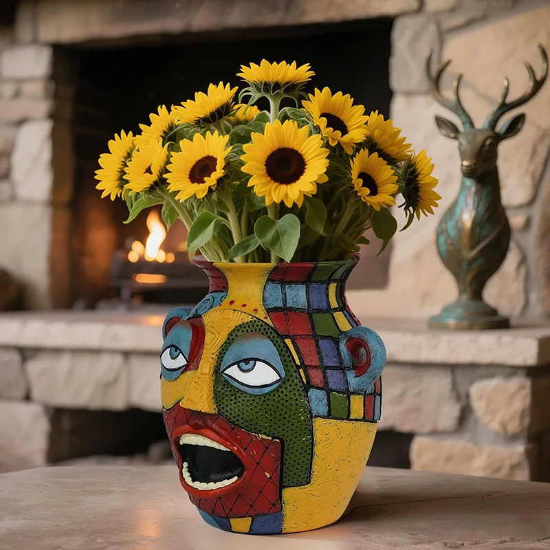 Factory Direct 2026 Hand Painted Abstract Face Scare Expression Flower Pot Creative Home Desktop Resin Flower Pot