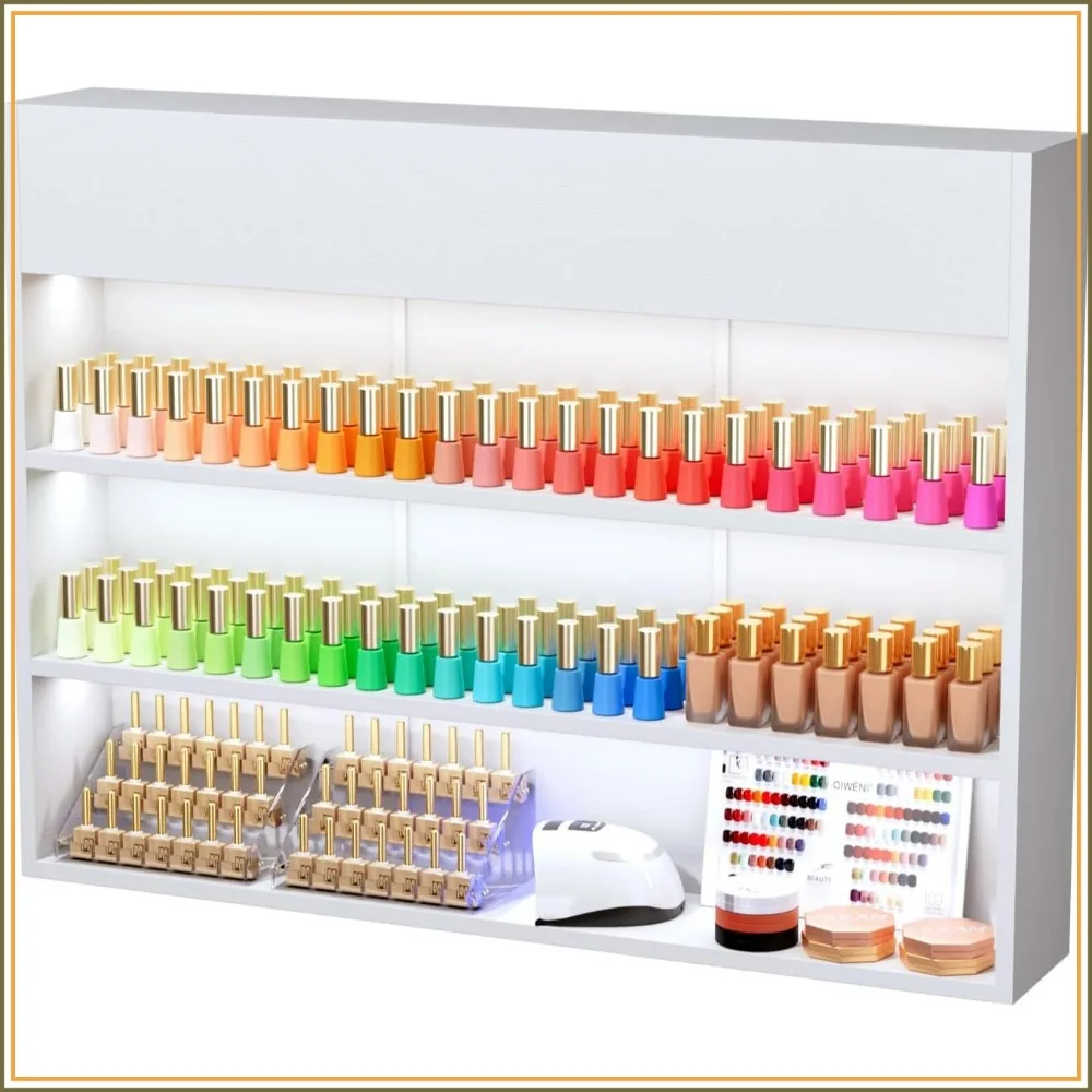 Wall Mounted 3-Tier LED Nail Polish Rack, 47.6 Inch, USB Touch Control, White, for Salon Spa