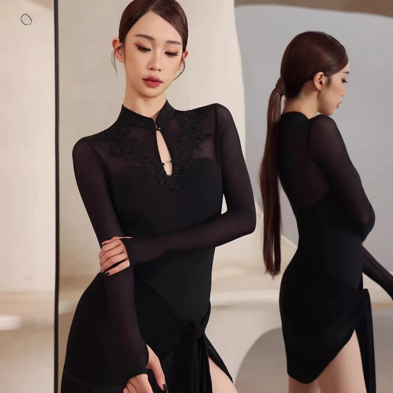 

Одежда для соревнований по латинским танцам для девочек, танцевальное платье из глянцевой ткани с длинными рукавами, детский костюм для тренировок по танцам ча-ча-чамба и румба