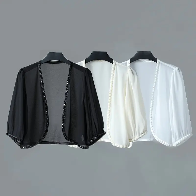 

Новинка 2024, Женский шифоновый кардиган с коротким рукавом и открытой спиной, пляжная одежда, топы, Тонкая Шаль, женская одежда A190