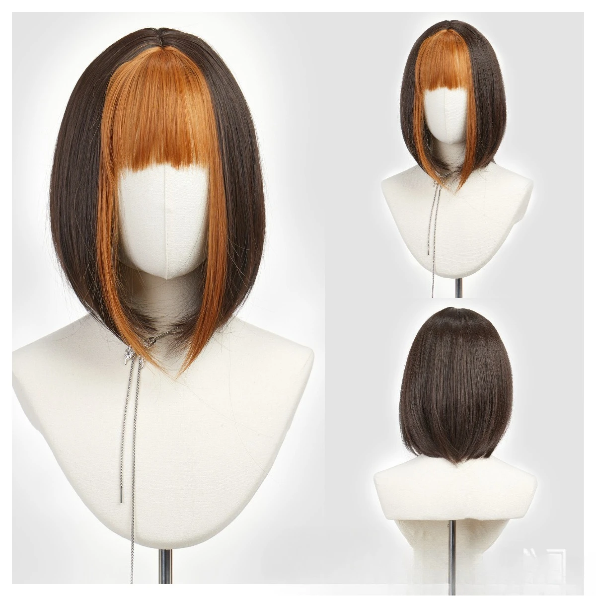 Wig full head cover Qi bangs highlight dyed brown short straight hair women's daily Bobo head bobo chemical fiber head wig