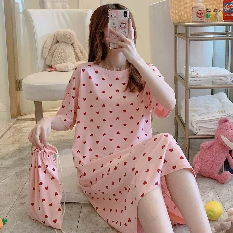 Girls Cartoon Summer Sleepwear Women Short Sleeves Round Neck Over Knee Length Pajama Loungewear Lady Korean Version Sleepwear