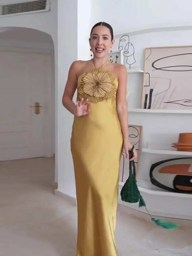 فستان نسائي أنيق للحفلات ثلاثي الأبعاد رسن على شكل زهرة بدون أكمام بدون ظهر حورية البحر من الساتان فساتين نسائية لصيف 2025 رداء سهرة أنيق #1