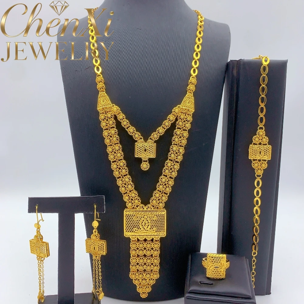High-End Luxury Tassel Alluvial Gold Fashion Popular Jewelry Set Women Wedding Party Banquet Necklace Earrings Ring 4pcs Gift