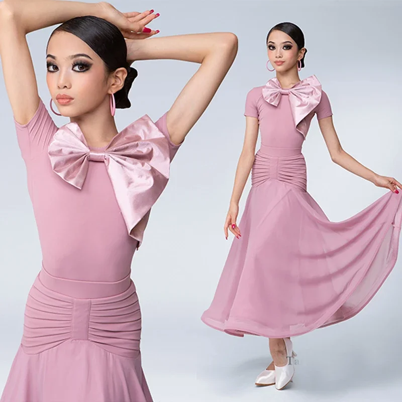 2025 الأطفال الفالس قاعة الرقص فساتين الفتيات الوردي الوطنية القياسية اللاتينية الرقص المنافسة زي المرحلة الدعاوى SL11069