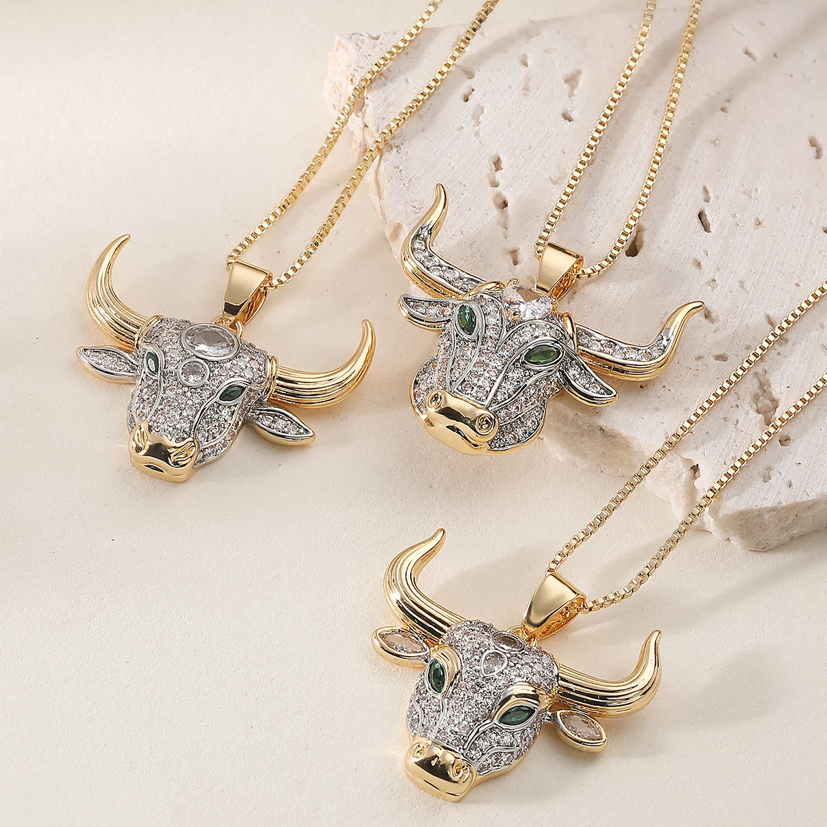 New Two Tone Bull Head Pendant Necklace Full Paved CZ Green Eye Taurus Charm Lucky Career Statement Men Women Jewelry