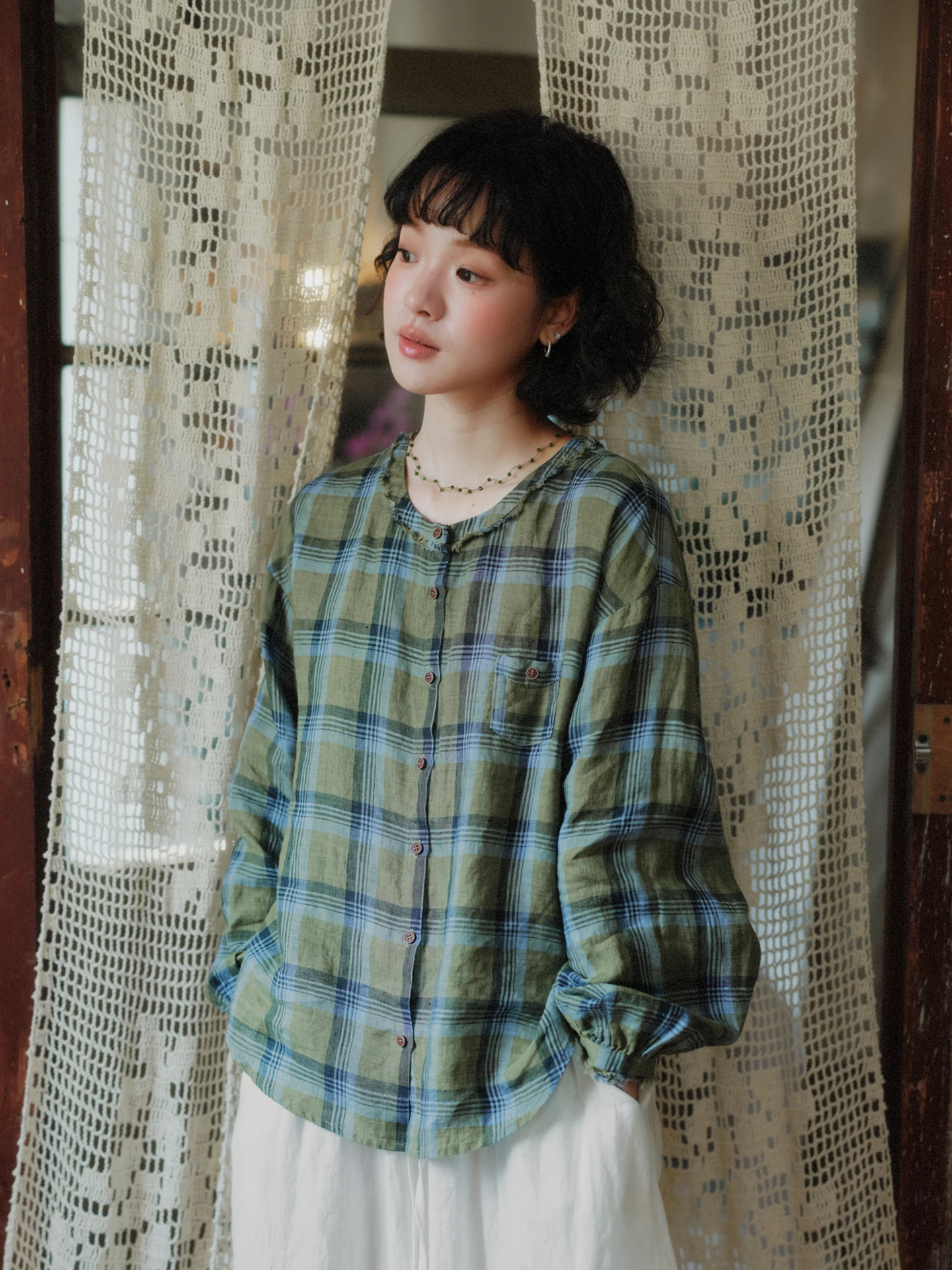 

Japanese Sle Loose Fit Linen irt Cardigan Women's Casual Spring Summer Plaid Patterned Open Front Long Sve Top