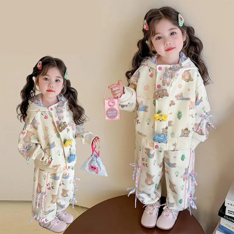 2Pcs Anime Cartoon Dolls Girls' Coat and Pants Set Sweet Children's Hooded Jacket and Sports Pants Set Spring Autumn Sportswear