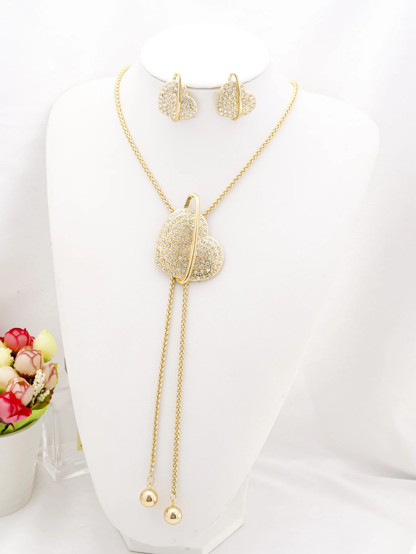 60CM Long Necklace Earrings For Women Adjustable Length Sweater Chain Gold Plated Fashion Jewelry Sets Wedding Party Gift