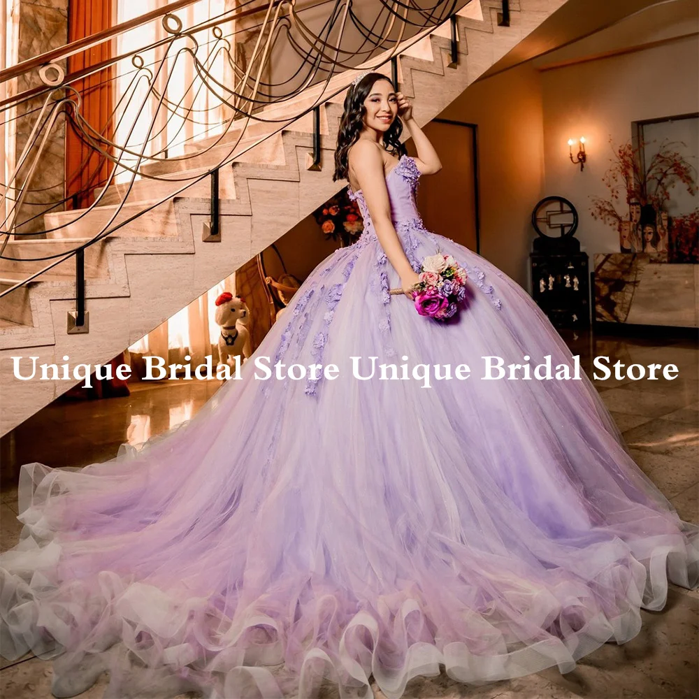 Customized Lilac Quinceanera Dresses Ball Gown Birthday Party Gown Sweetheart Sleeveless 3D Flowers Pearl Applique Sweet 15 Year