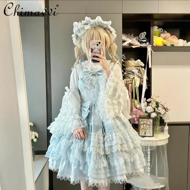 قميص لوليتا الجديد بأكمام جي قميص سفلي للربيع والخريف للفتيات الجميلات قميص نسائي بأكمام واسعة من الدانتيل JSK بأكمام طويلة قمصان De Mujer