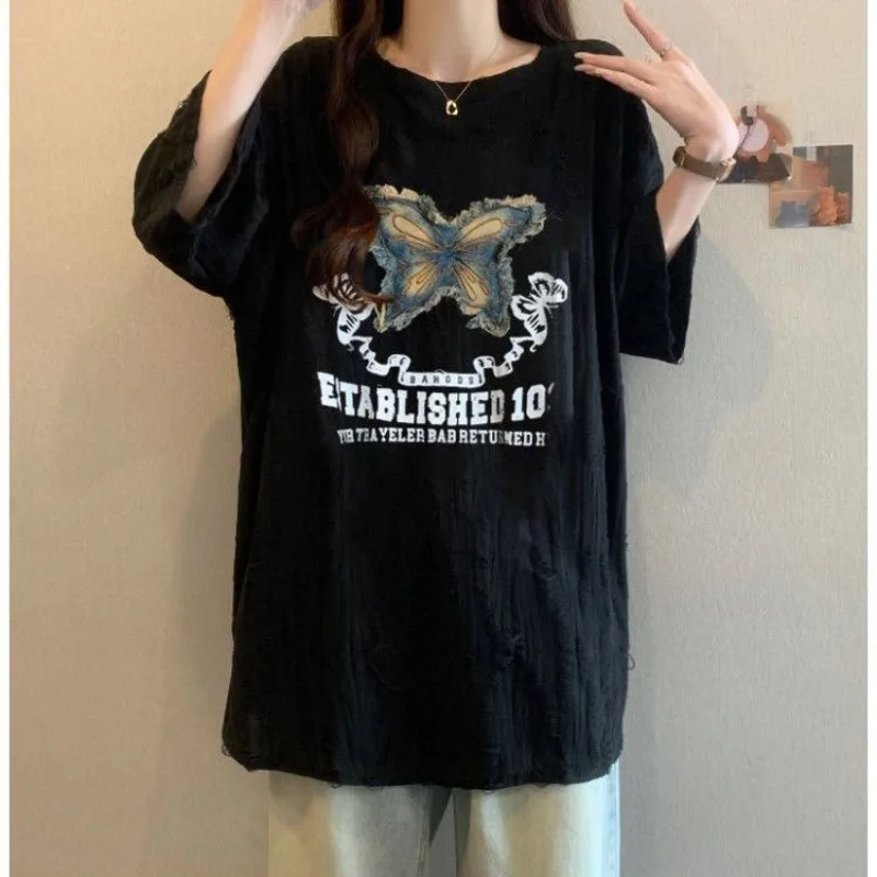 Women Oversize Off White T Shirt Distressed Texture Frayed Edge Butterfly Letter Print Short Sleeve Casual Tops