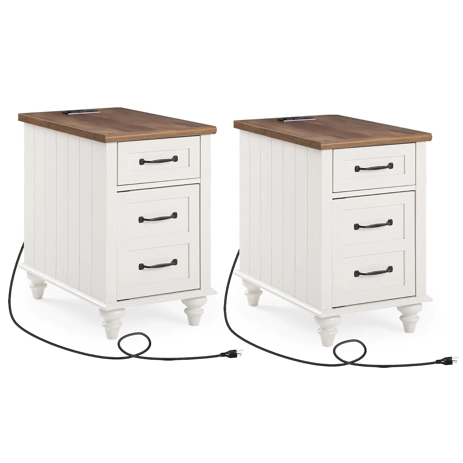 2 Pack End Table with Charging Station, Wood Side Table with Drawer & Cabinet, Nightstand with Outlets & USB , Customized