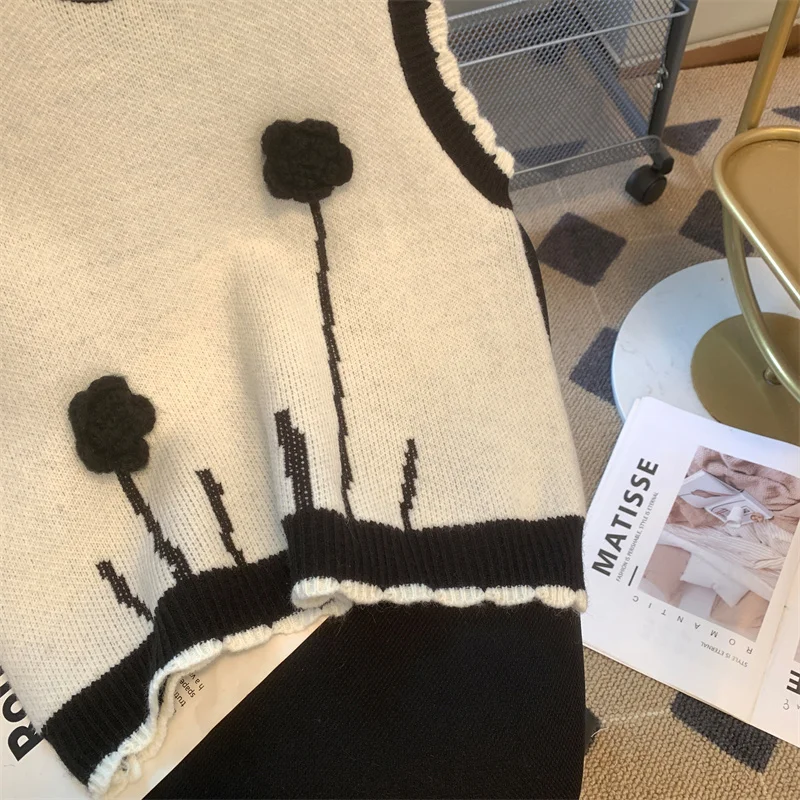 سترة نسائية عتيقة من MEXZT بلوفرات محبوكة مرقعة هاراجوكو صدرية خريفية كورية تريكو بدون أكمام