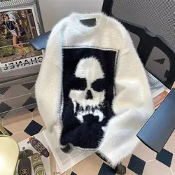 Suéteres cálidos de invierno con retales de cabeza de calavera, prendas de punto de Hip Hop para hombres, jerséis Y2k, jersey de lana con cuello redondo