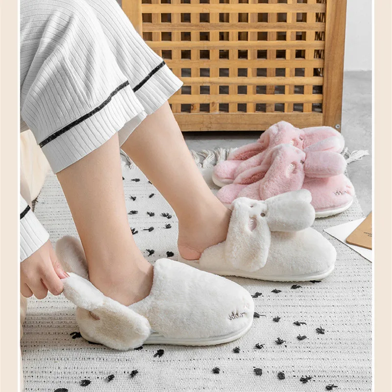 New Indoor Cotton Slippers Women Men Winter Warm Shoes Soft Plush Flats Cute Cartoon Rabbit Bear Female Male Home Floor Footwear