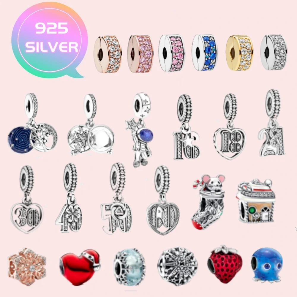 Fashion Blue/Clear/Pink/Pavé Clip Charm 925 Sterling Silver fit for Pandora Women's Girly Birthday Gifts Jewelry Accessories