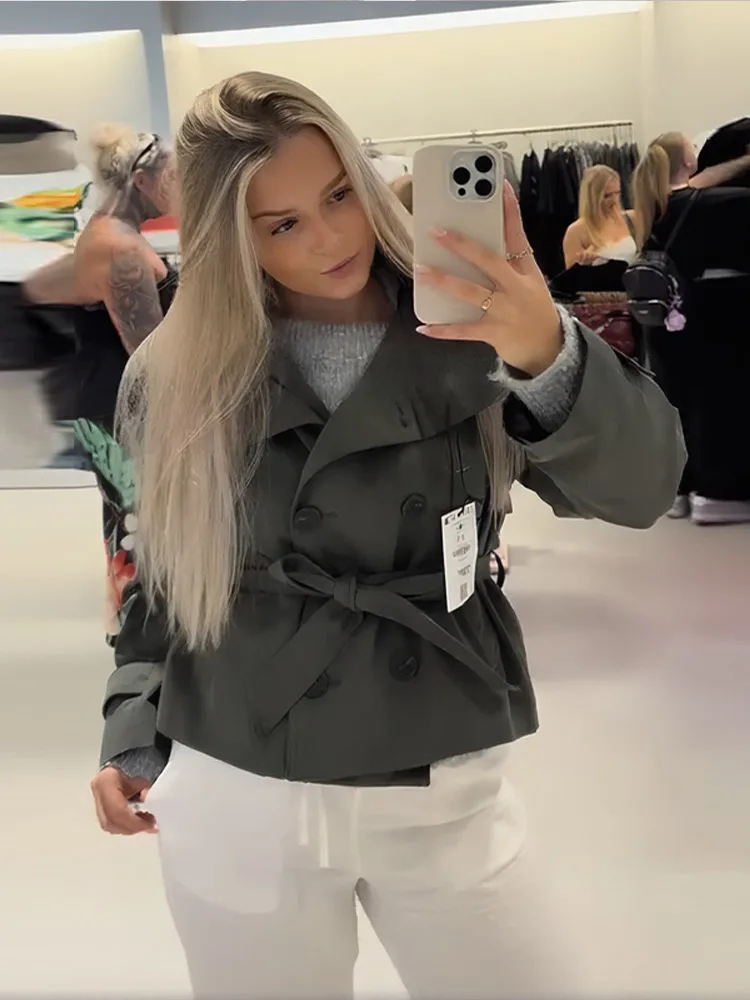 2025 الخريف حزام للنساء اقتصاص خندق معطف الوقوف طوق مزدوجة الصدر طويلة الأكمام الكاكي سترة سيدة الموضة تخفيف أبلى #6