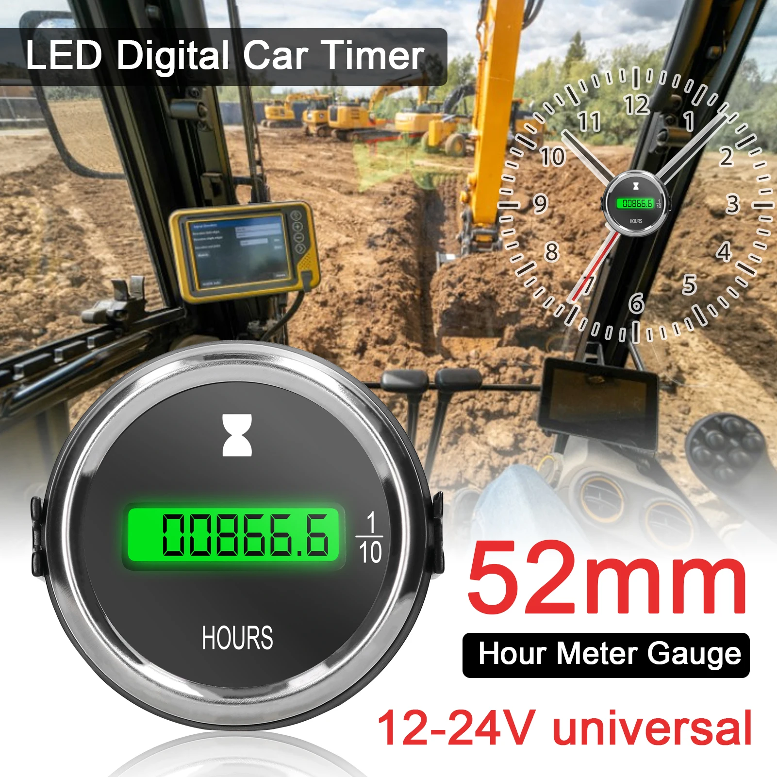 52mm LED Digital Hour Meter 12/24V Universal Engine Run Time Timer for Car Truck Marine Boat