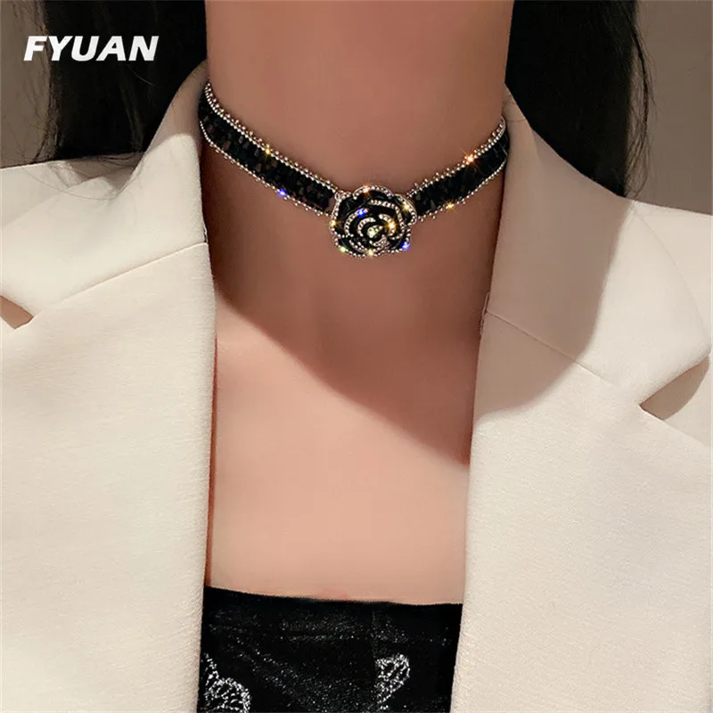 FYUAN High Quality Handmade Black Crystal Choker Necklaces for Women Elegant Camellia Necklaces Wedding Banquet Jewelry