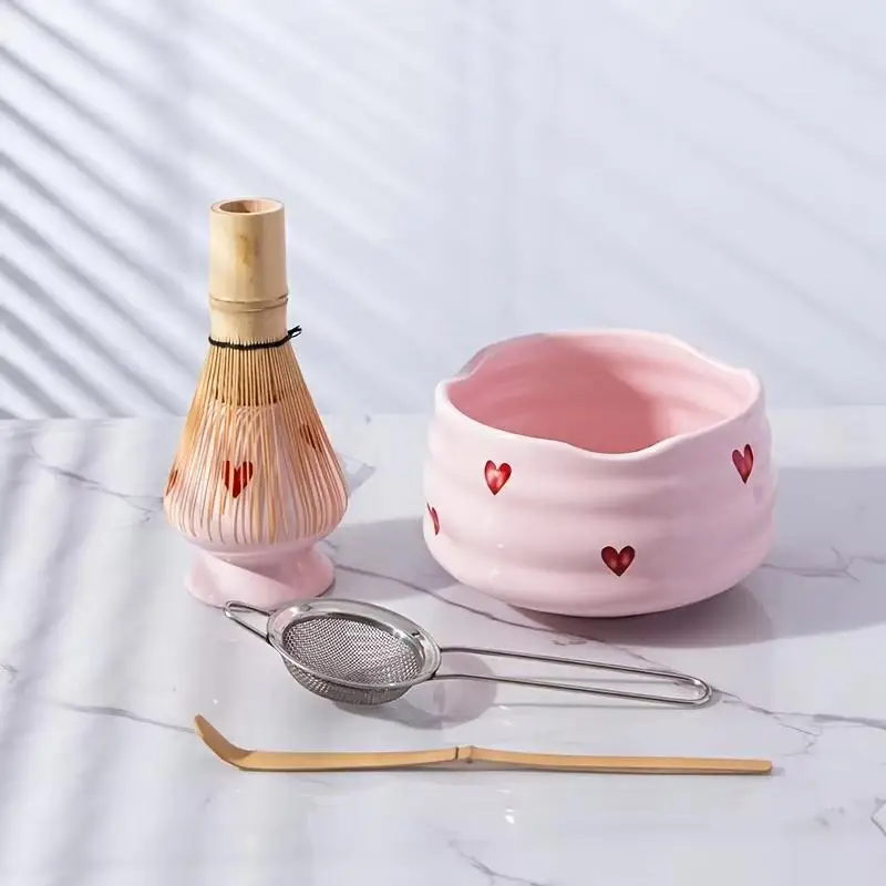 2/4/5pcs Heart Decal Ceramic Matcha Set, Cute Matcha Set Includes Matcha Bowl, Matcha Whisk And Holder, Bamboo Scoop, Sifter - Detail 1