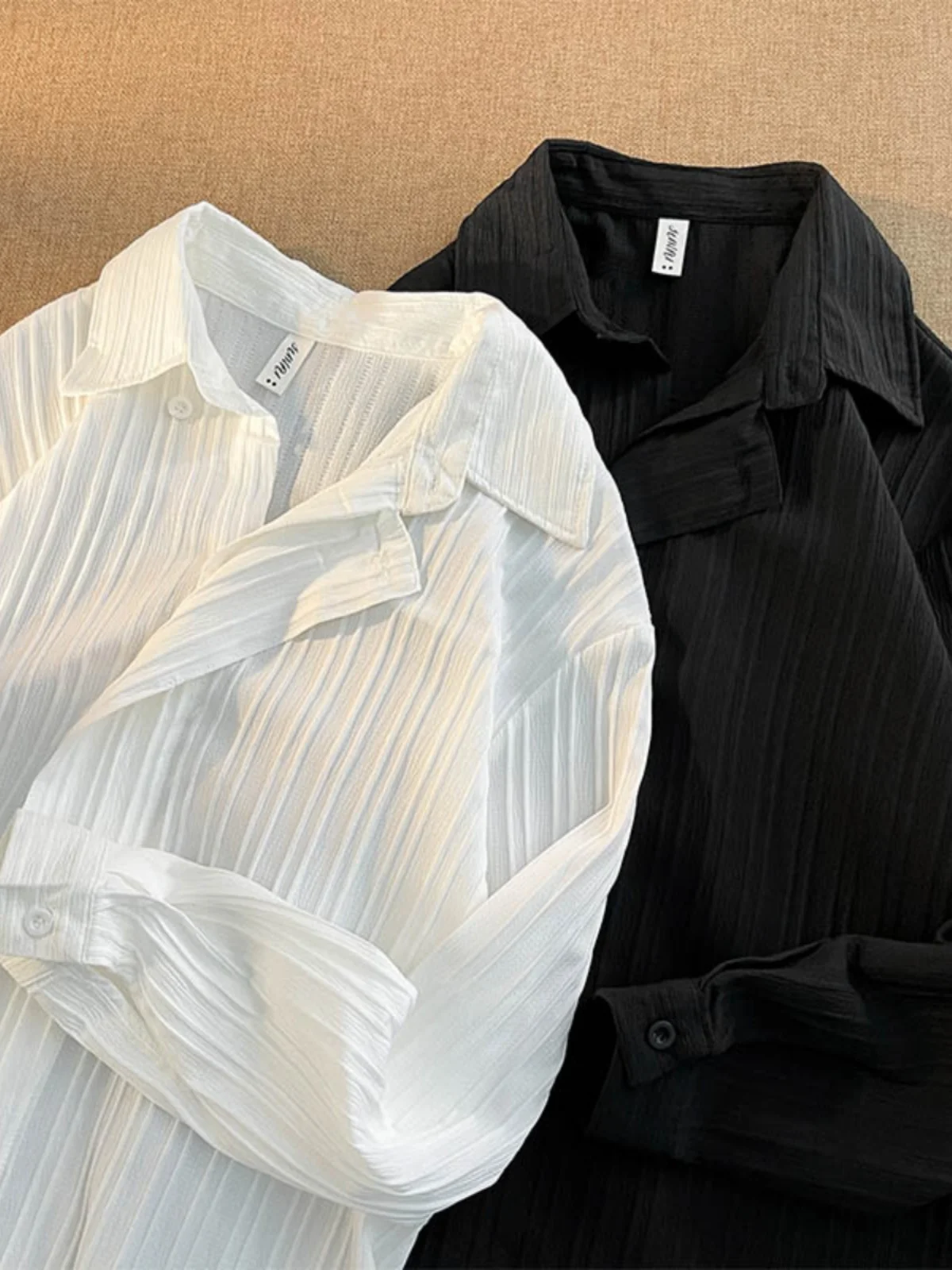 

Summer Thin Long Sleeve Men's Shirt Ice Silk Stripe Loose Fit Youth Trend Pure Color Versatile Korean Style Fashion Top