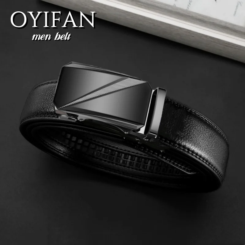 3.5cm Width High Quality Genuine Leather Men's Business Belt Metal Automatic Buckle Ratchet Black Brown