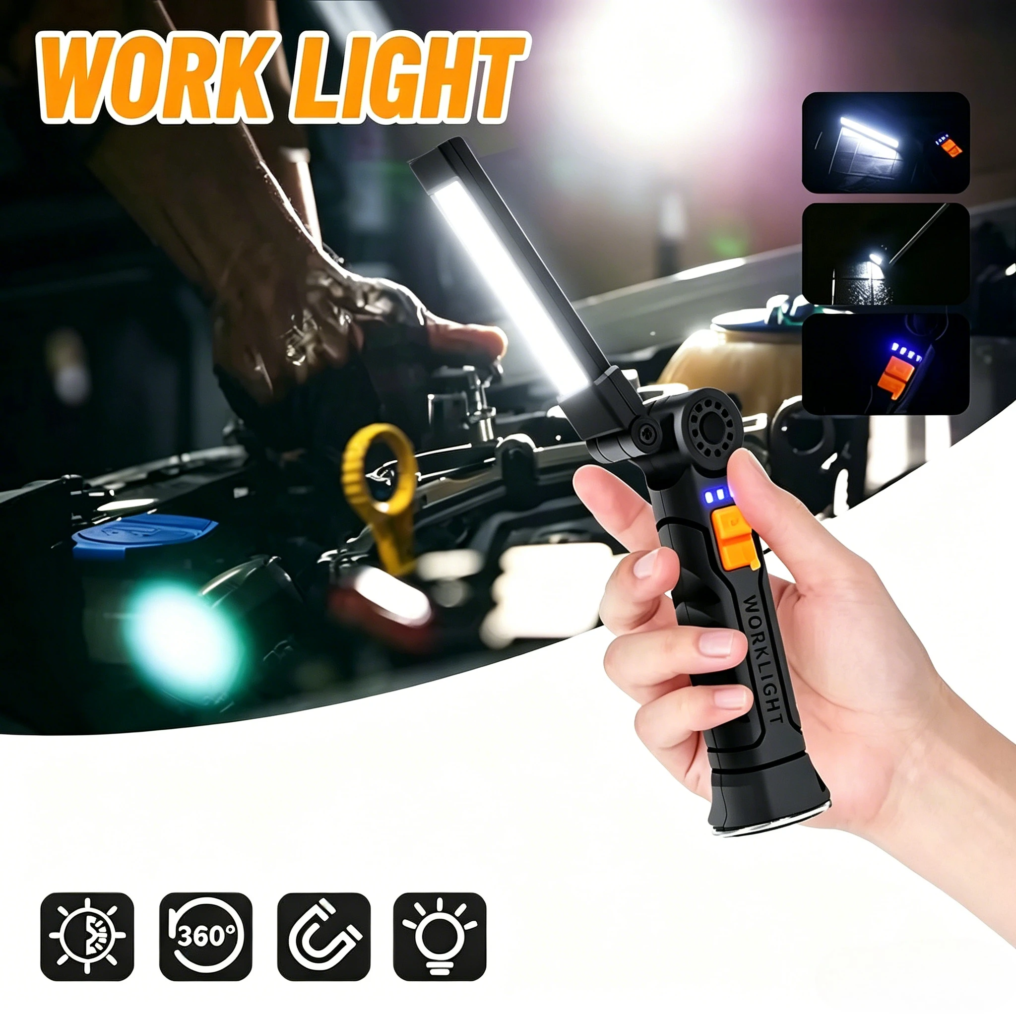 Powerful Led COB Work Light Magnetic Base Hook Rechargeable Portable Handheld Flashlight Outdoor Camping Repairing Flashlights