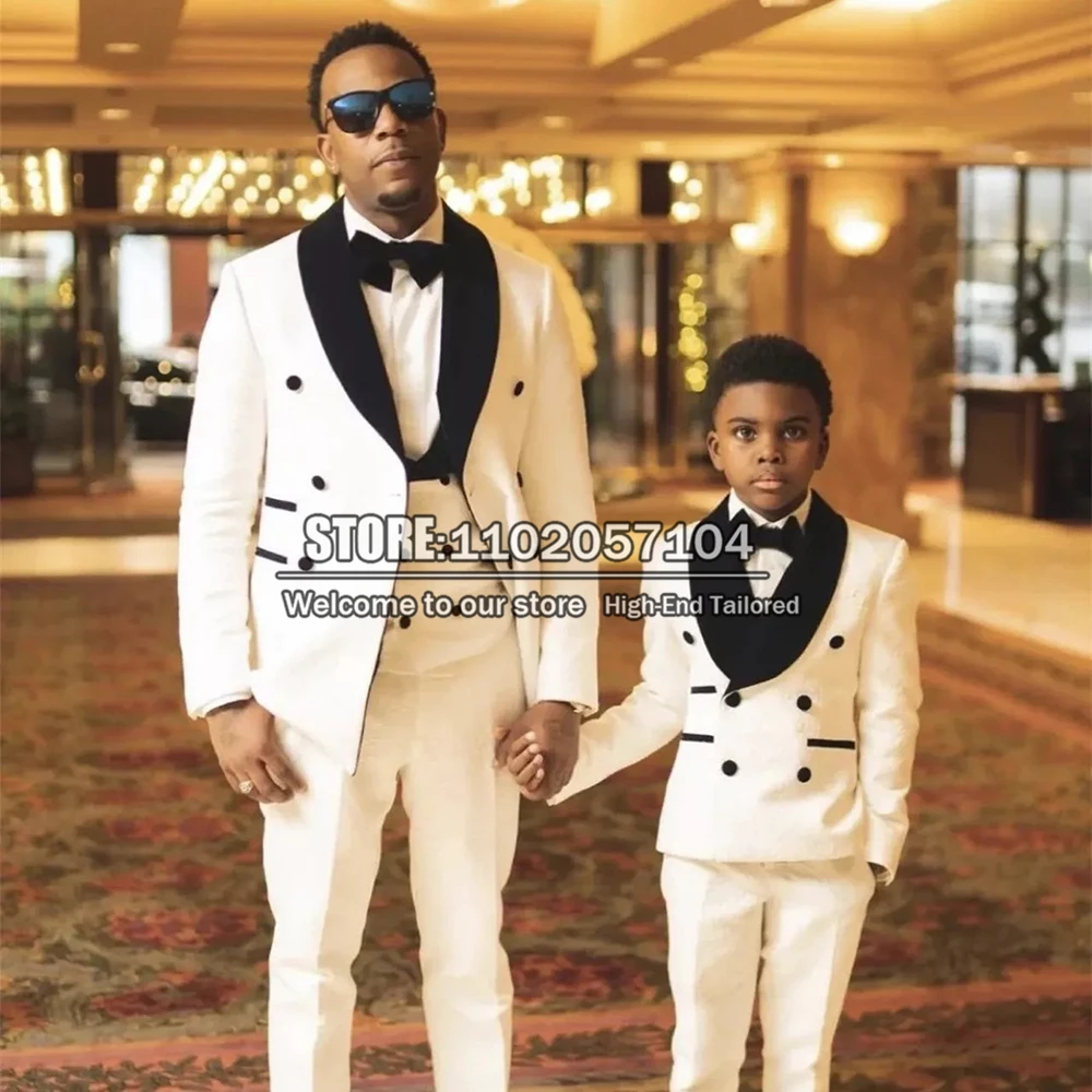 

White Suit Men For Boy/Father Black Lapel Jacket+Vest+Pants 3 Pieces Formal Wedding Tuxedo Costume Mariage Homme Party Dress