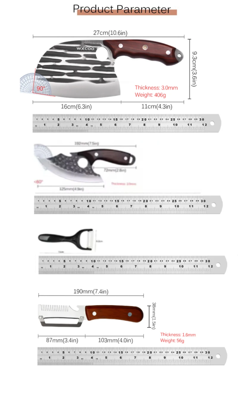 WXCOO Stainless Steel Kitchen Knife Unique Wooden Handle Meat Cleaver Forged Chinese Slicing Knife Gift with Kitchen Peeler view 6