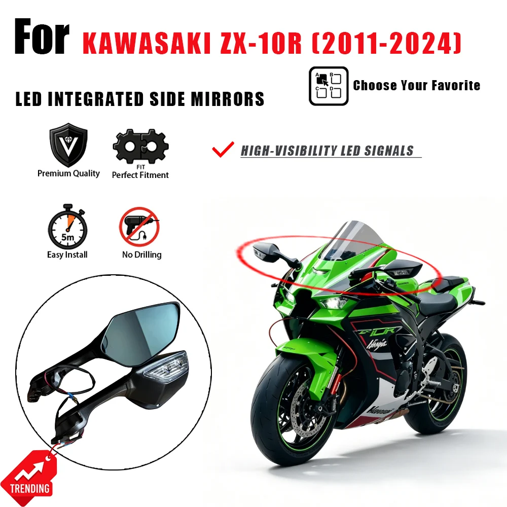 

For Kawasaki ZX-10R 2011-2024 Motorcycle LED Rearview Mirror Integrated Turn Signal Side Mirrors Accesorios Moto Espejos Moto